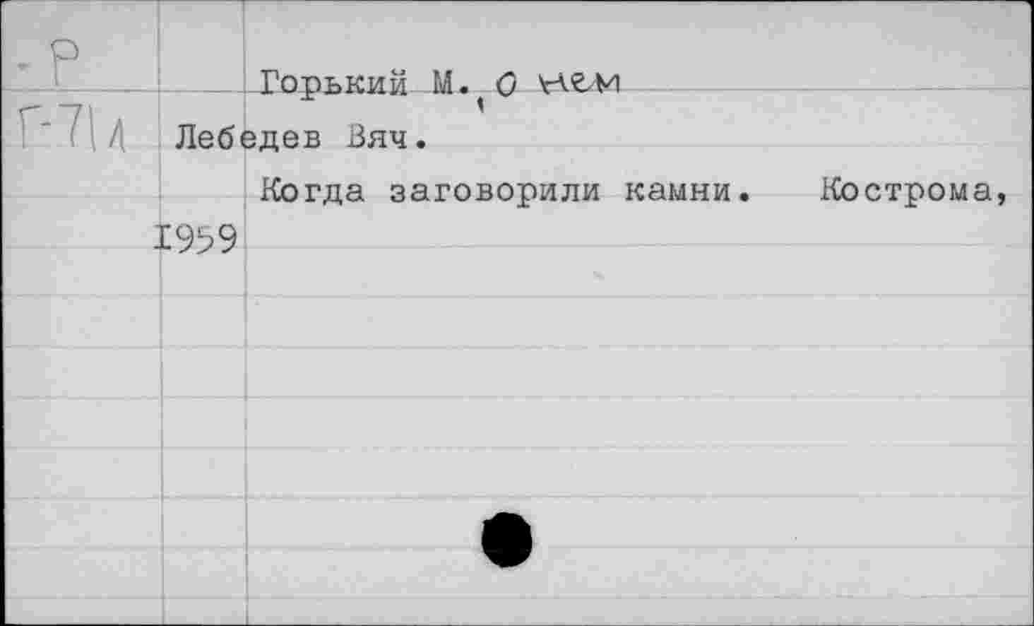 ﻿• р	Гопький м. и \-лгм		
Од 1	Лебедев Вяч.		
	С959	Когда заговорили камни.	Кострома,
		•	